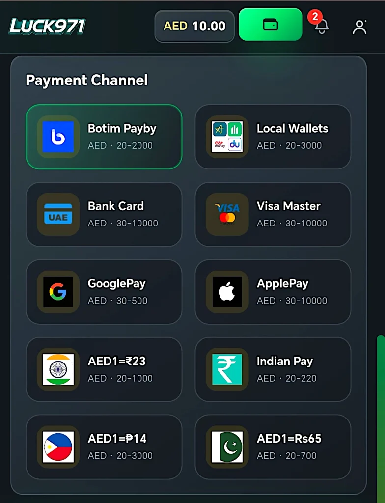 Deposits and Withdrawals methods of Luck971 Game